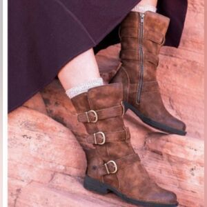 NEW Born Women's Rust Leather Suede Ivy Side Buckles Low Heel Moto Boots 8.5M